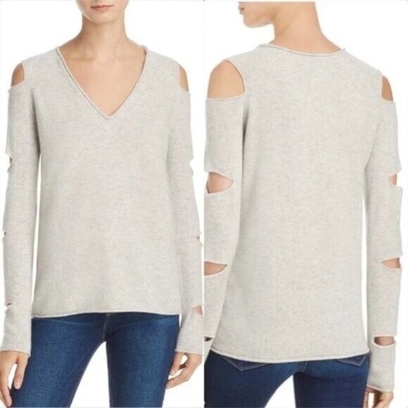 Aqua Cashmere Gray V-neck Cutout Sleeves Sweater S - Picture 1 of 9